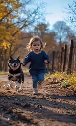little girl and dog running down path towards camera
