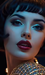 a woman wearing some sort of make up with jewels on her face