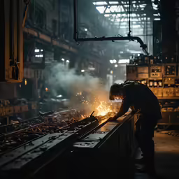 a person in a factory with steel working