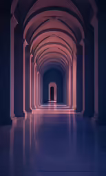 an empty hallway lined with columns at night
