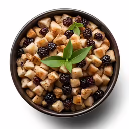 a bowl filled with small cubes and berries
