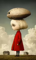 a doll standing in the grass with a fish above her head