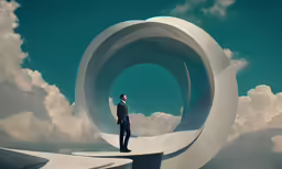 a man in a suit standing in an art installation