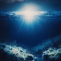an open blue ocean with sunlight in the sky