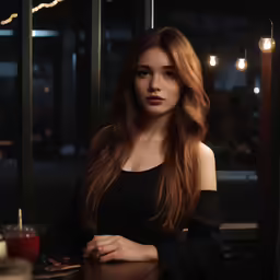 the woman is wearing black in the restaurant