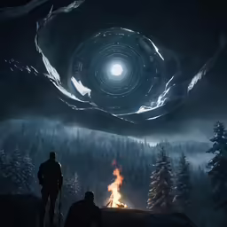 two men standing next to each other with a glowing portal in the background