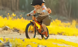 a small boy is riding his bike down a path