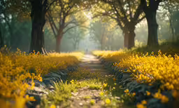 a tree lined path next to a yellow field