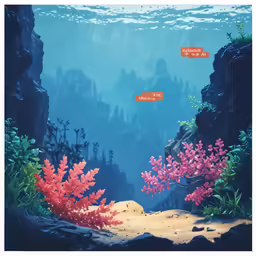 a underwater scene with corals and coral reefs