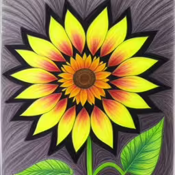 drawing of yellow sunflower with green leaves,a sunflower with green leaves on it on a gray surface