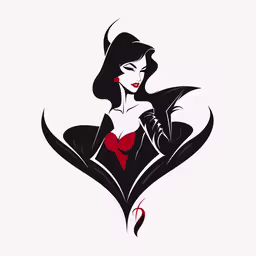 a woman in the middle of her face with the tail of a demon on her shoulder,a stylized female character with black hair and a red bra