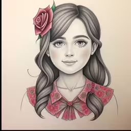 a girl with a red rose on her head and a flower in her hair,a drawing of a girl with a rose on her hair