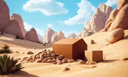 an image of rocks and a building that is in the sand
