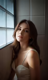 a young woman is standing next to a window looking off in the distance