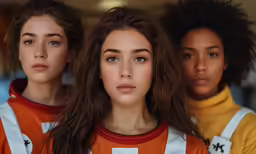 three models standing in front of a window with brown hair