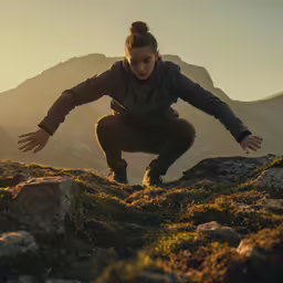 a woman climbing uphill in the mountains