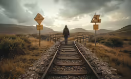 man standing on railroad tracks with a few signs