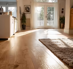 a large empty room with wooden floors and windows