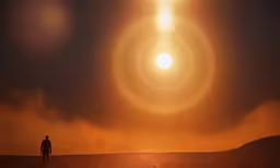 a man is standing in the desert as the sun sets