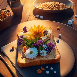 a piece of bread with flowers and seeds