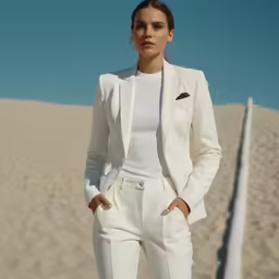 a woman stands in front of a beach
