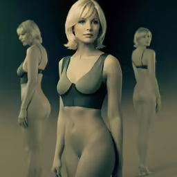 a woman in a nude lingerie, looking at something