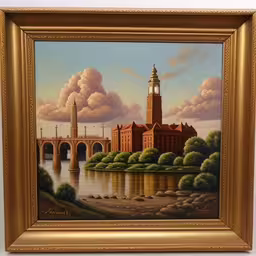 a painting of a clock tower on a bridge over water,an oil painting on canvas of a river with buildings and bridge