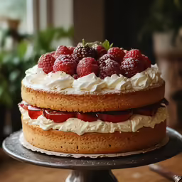 a large cake is decorated with whipped cream and raspberries