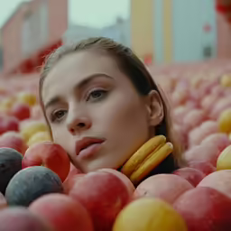 a woman is sitting amongst many apples in a pile