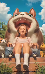 the girl sits on top of a step next to a giant stuffed animal