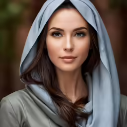 a beautiful young lady with a blue scarf on her head