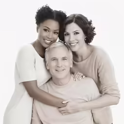 a woman hugging a man and two people standing close together