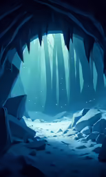 a frozen winter scene with a path through a dark forest