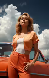 a beautiful young woman leaning on an orange car