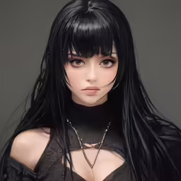 a woman with long black hair and blue eyes wearing an unusual outfit