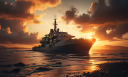 a ship traveling through the ocean with clouds above
