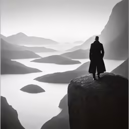 black and white photograph of a man standing at the top of a mountain