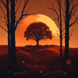 the sun sets behind trees in a misty landscape,a group of trees with the sun behind them