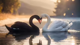 two black swans in the water with fog