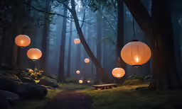 lanterns flying over a pathway in the woods