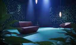 some lights a chair and a plant in a room