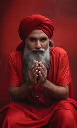 man with a long beard sitting in red robes