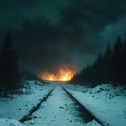 a train track going through a dark forest