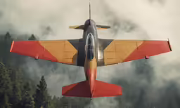a red and yellow plane flying in the sky above trees