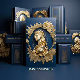 the design for an advertisement featuring a golden lady,a blue box containing a gold statue