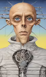 a painting of a man holding a mechanical device