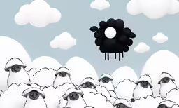 a flock of sheep standing next to a cloud filled sky
