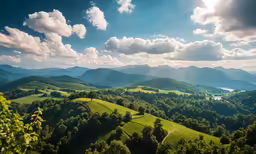 the sun shines through clouds over rolling mountains