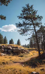 trees and rocks are in an area that has yellow grass and brown flowers