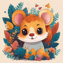 a red and white mouse sitting among flowers and leaves,a cartoon animal with big eyes and a furry face sitting among flowers
